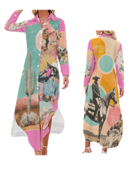 Baha Ranch Retro Pop Western Desert Cowboy Button Up Shirt Dress Duster