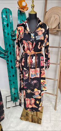 Baha Ranch Vintage Cowboy Collage Western Long Sleeve Dress Duster
