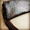 Embossed Turquoise Brown Floral Leather Clutch