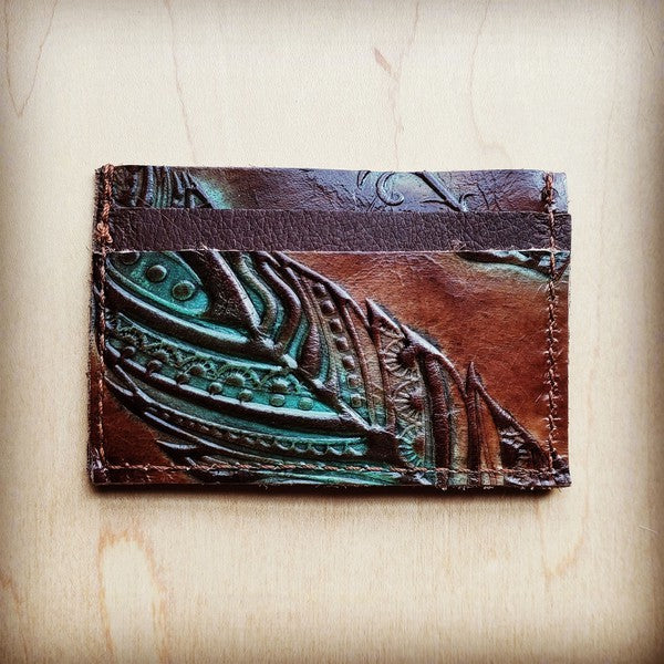 Leather Credit Card Holder-Turquoise Feather