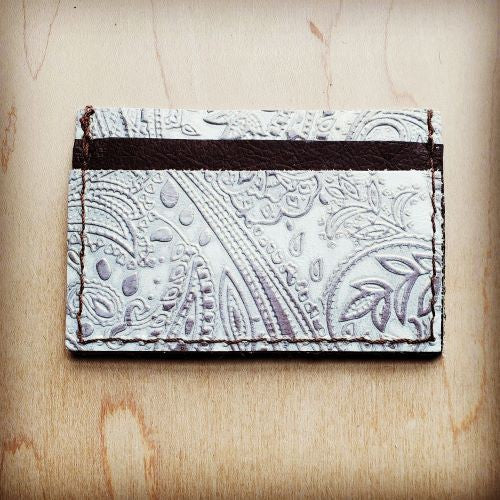 Embossed Leather Credit Card Holder-Oyster Paisley
