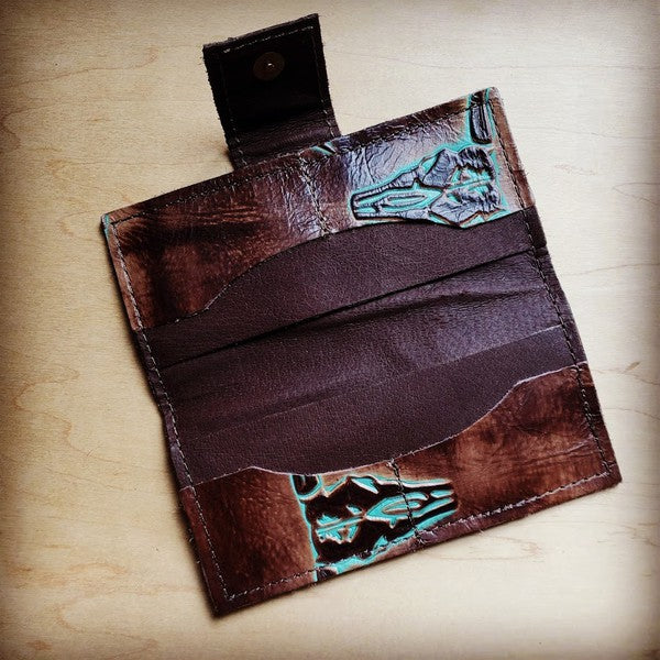 Embossed Leather Wallet In Turquoise Steer