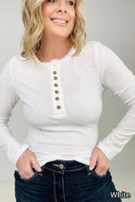 "Addy" Lace Trim Long Sleeve Button Up Henley Top