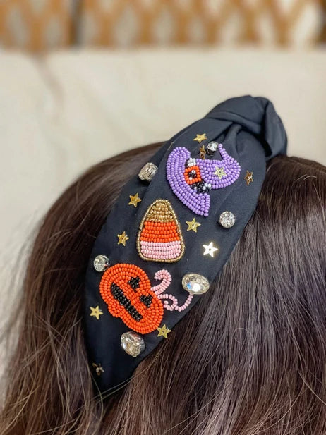PREORDER: Halloween Scene Embellished Top Knot Headband in Two Colors