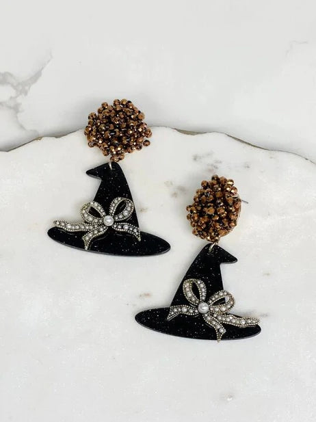 PREORDER: Pearl Bow Glitter Witch Hat Dangle Earrings