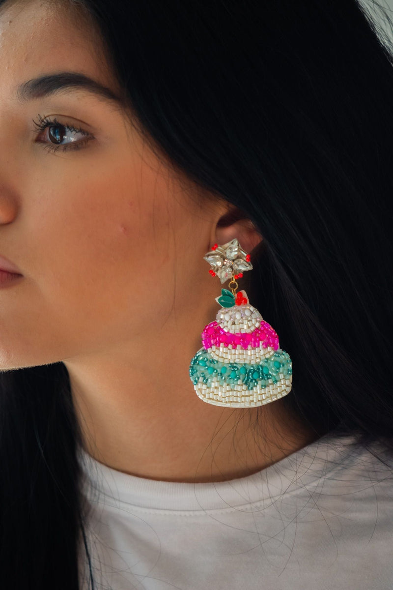Happy Birthday Cake Seed Bead Earrings in Pink and Sky Blue