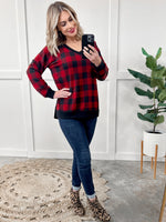 11.13 V Neck Long Sleeve Knit Top In Red Buffalo Plaid