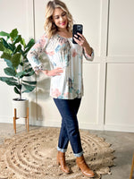 11.6 Ivory Floral Three-Quarter Sleeve Top With Button Detail