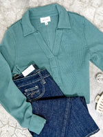 11.6  Collared Long Sleeve Thermal Knit Top In Teal