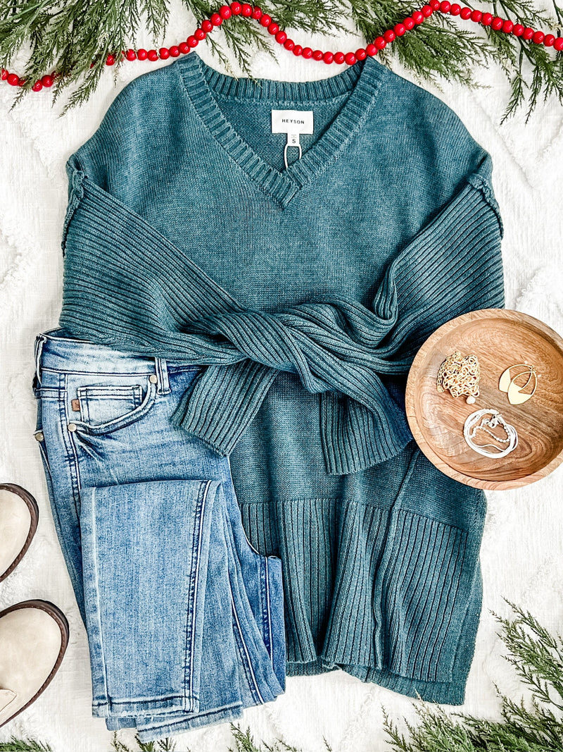 11.29 V Neck Knit Sweater In Dusty Teal