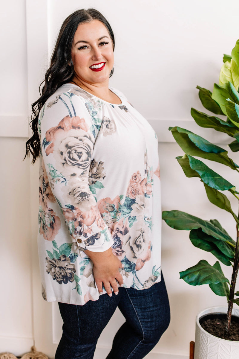 11.6 Ivory Floral Three-Quarter Sleeve Top With Button Detail