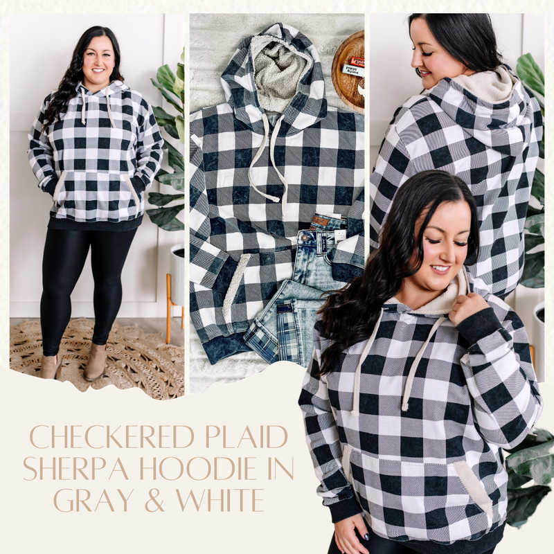 11.17 Checkered Plaid Sherpa Hoodie In Gray & White
