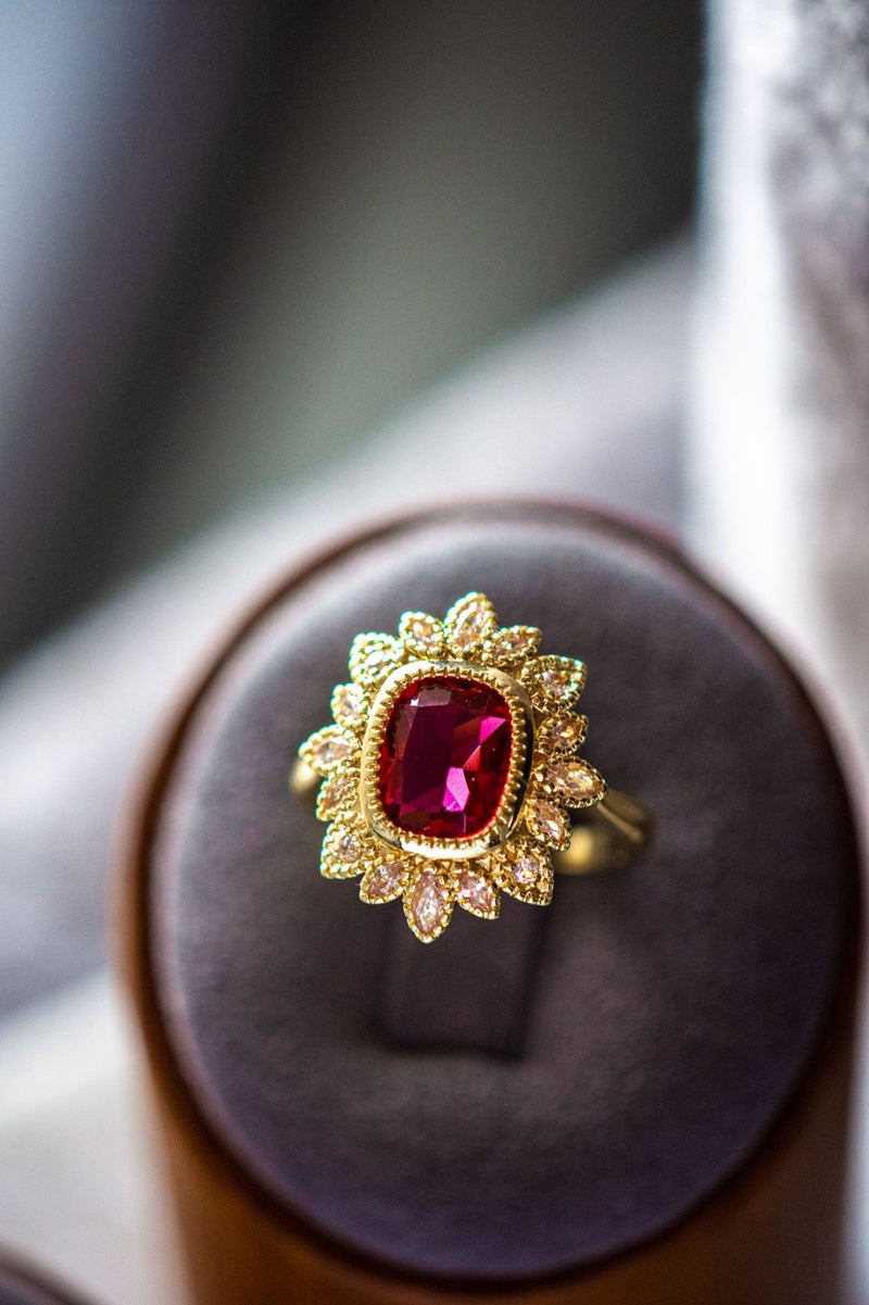 Victoria Ruby Radiant Cut Gold Ring