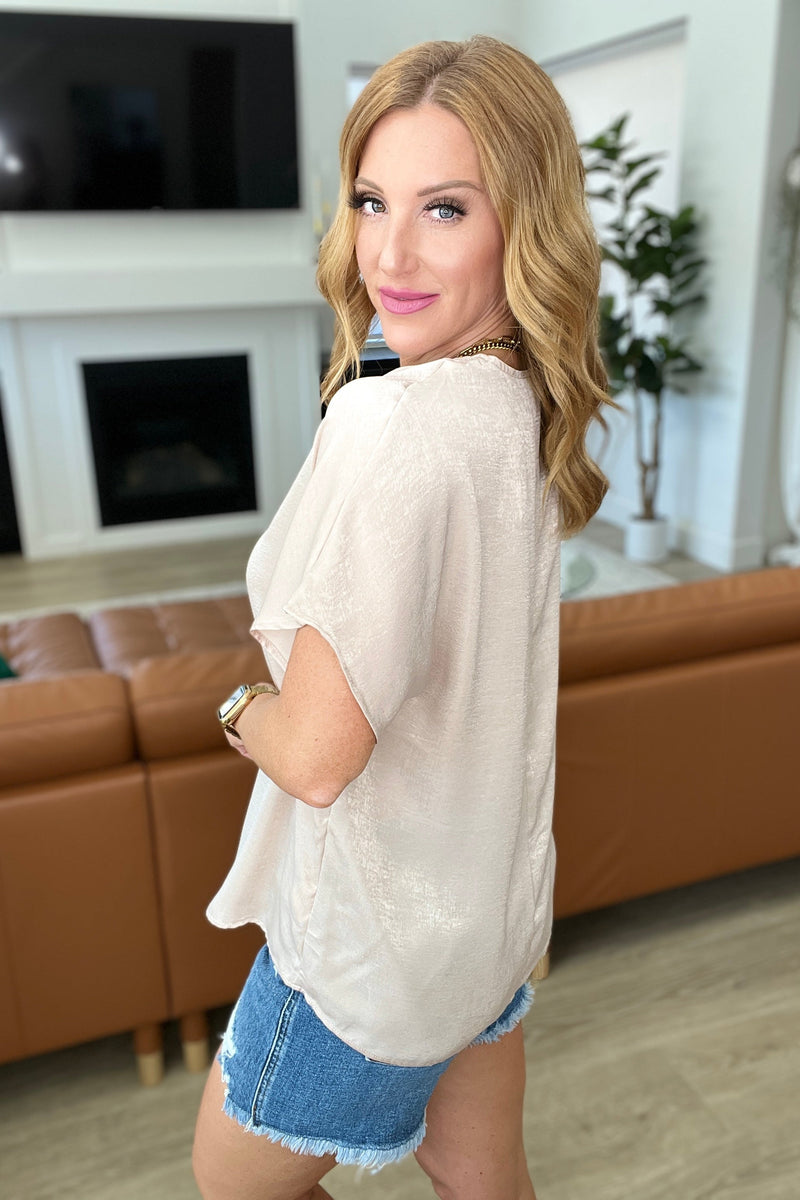 Pleat Front V-Neck Top in Taupe