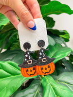 PREORDER: Glitter Witch Hat Pumpkin Dangle Earrings