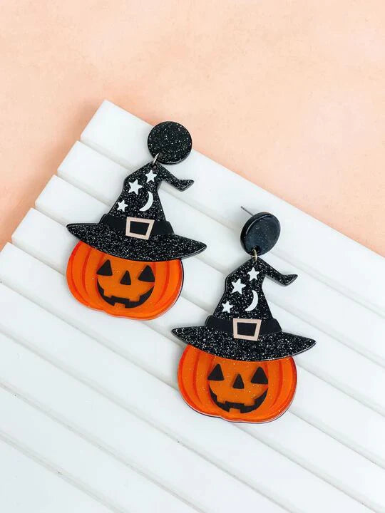 PREORDER: Glitter Witch Hat Pumpkin Dangle Earrings