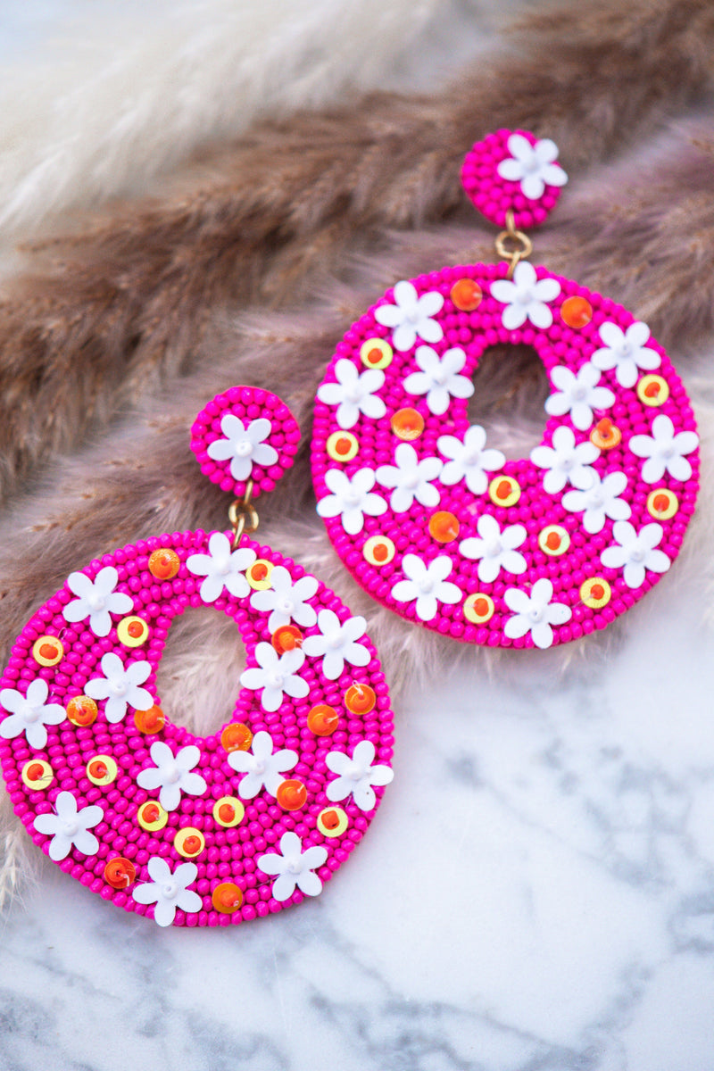 Penny Seed Beaded Floral Post Earrings in Fuchsia