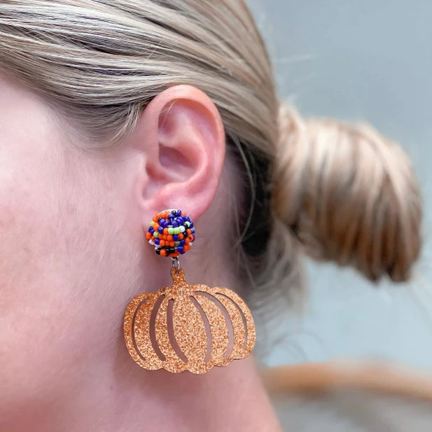 PREORDER: Beaded Post Glitter Pumpkin Dangle Earrings