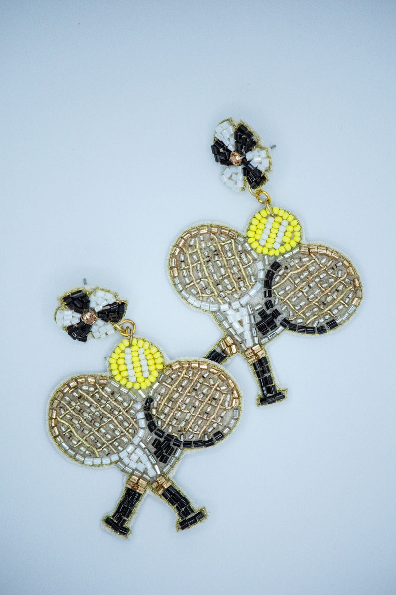 Doubles Tennis Racket Seed Bead Earrings in Gold and Black