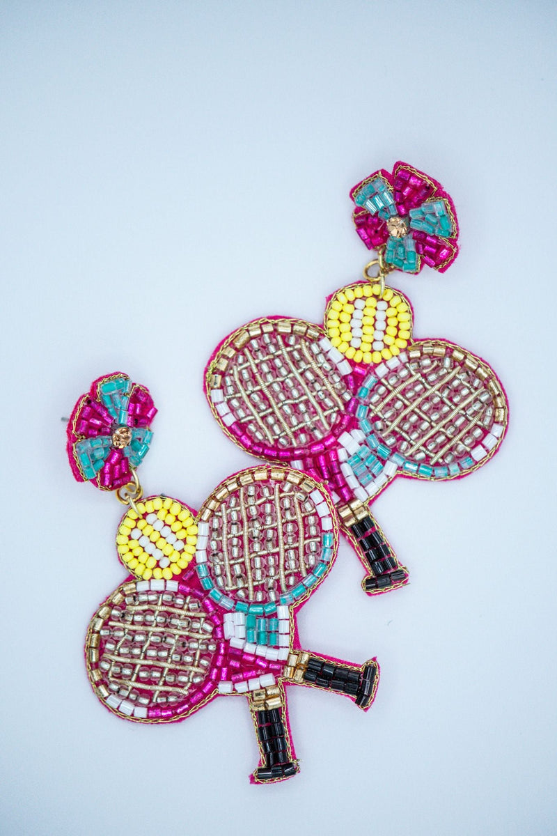 Doubles Tennis Racket Seed Bead Earrings in Fuchsia and Sky Blue